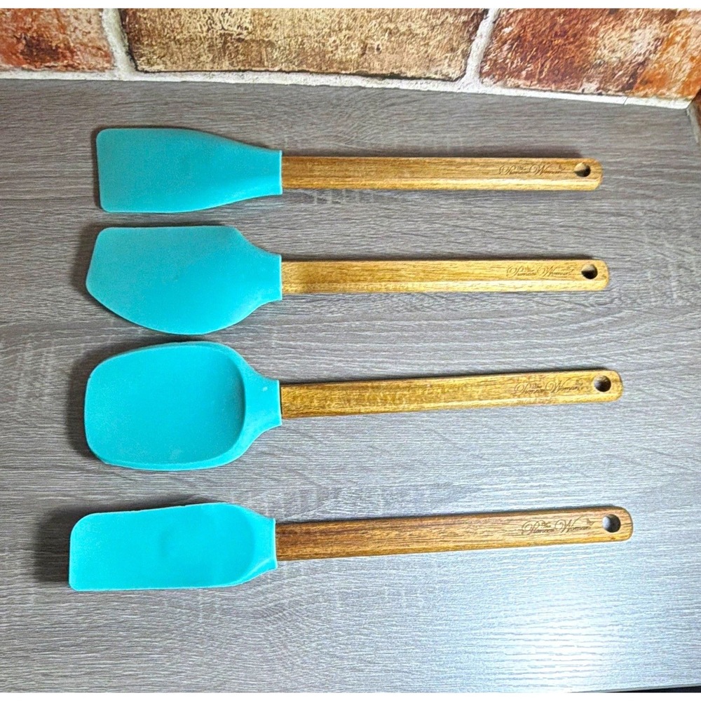 The Pioneer Woman Blue Silicone Spatula Set, Wood Handles, Solid, 4-Piece
